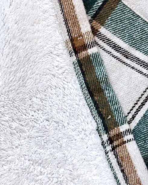 Plaid Print Long Sleeve Button Front Drawstring Hoodie Coat Casual Pocket Design Thermal Lined Shirt Coat green