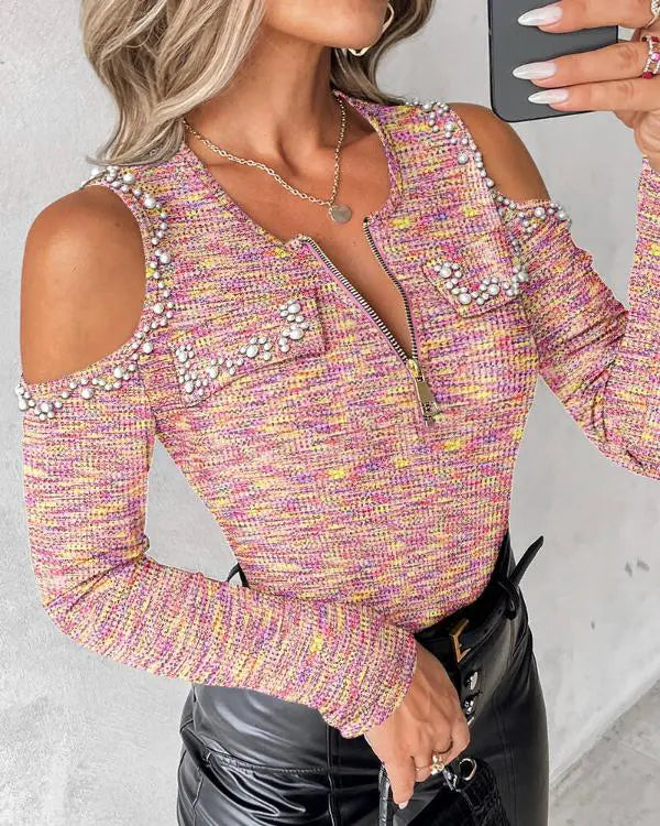 Pearls Decor Cold Shoulder Long Sleeve Half Zipper Tee Flap Detail Colorful Waffle Slim Fit Top pink