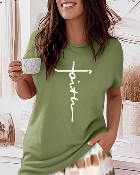 2 Pieces Outfit Graphic Pattern Short Sleeve Top and Casual Tie Dye Print Pants Set Army green