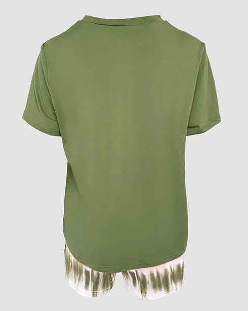 2 Pieces Outfit Graphic Pattern Short Sleeve Top and Casual Tie Dye Print Pants Set Army green