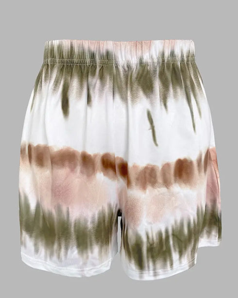 2 Pieces Outfit Graphic Pattern Short Sleeve Top and Casual Tie Dye Print Pants Set Army green