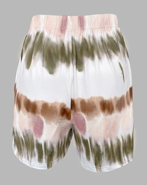 2 Pieces Outfit Graphic Pattern Short Sleeve Top and Casual Tie Dye Print Pants Set Army green