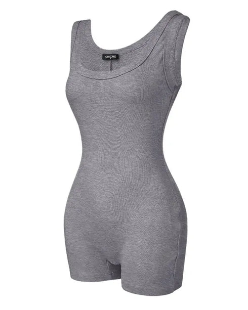 Ribbed U-Neck Yoga Romper Workout One Piece Seamless Tank Top Jumpsuit gray
