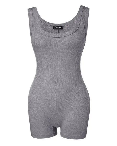 Ribbed U-Neck Yoga Romper Workout One Piece Seamless Tank Top Jumpsuit gray