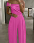 Metal Ring Decor All Over Print One Shoulder Ruched Jumpsuit Casual Pleated Wide Leg Jumpsuit hot pink