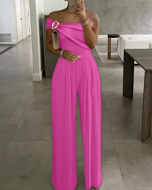 Metal Ring Decor Off Shoulder Ruched High Waist Jumpsuit Casual Cinched Waist Wide Leg Jumpsuit hot pink