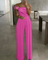 Metal Ring Decor Off Shoulder Ruched High Waist Jumpsuit Casual Cinched Waist Wide Leg Jumpsuit hot pink