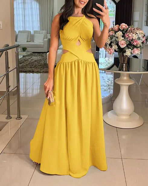 Halter Sleeveless Tied Detail Shirred Criss Cross Flared Dress Glamorous Evening Dress dark yellow