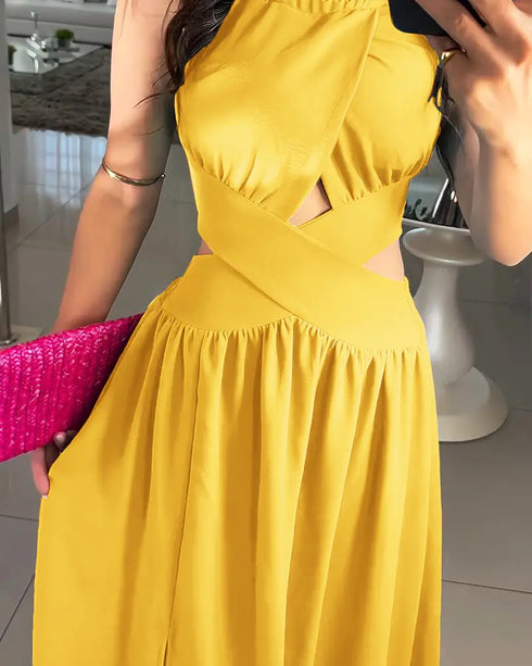 Halter Sleeveless Tied Detail Shirred Criss Cross Flared Dress Glamorous Evening Dress dark yellow