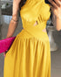 Halter Sleeveless Tied Detail Shirred Criss Cross Flared Dress Glamorous Evening Dress dark yellow