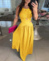 Halter Sleeveless Tied Detail Shirred Criss Cross Flared Dress Glamorous Evening Dress dark yellow