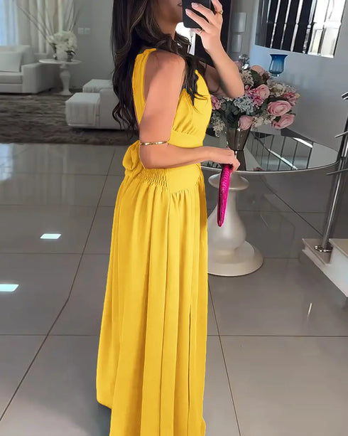 Halter Sleeveless Tied Detail Shirred Criss Cross Flared Dress Glamorous Evening Dress dark yellow