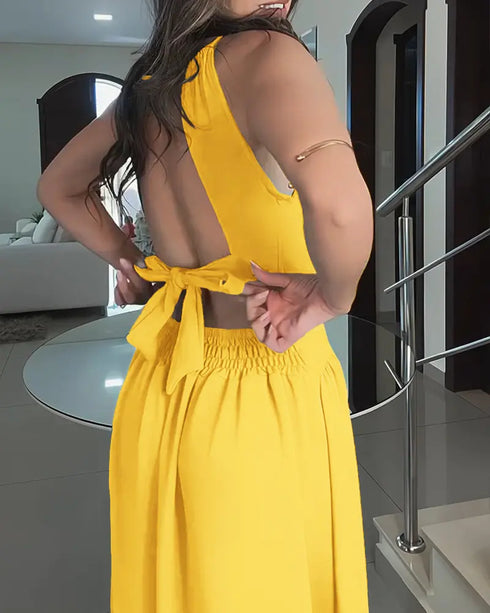 Halter Sleeveless Tied Detail Shirred Criss Cross Flared Dress Glamorous Evening Dress dark yellow