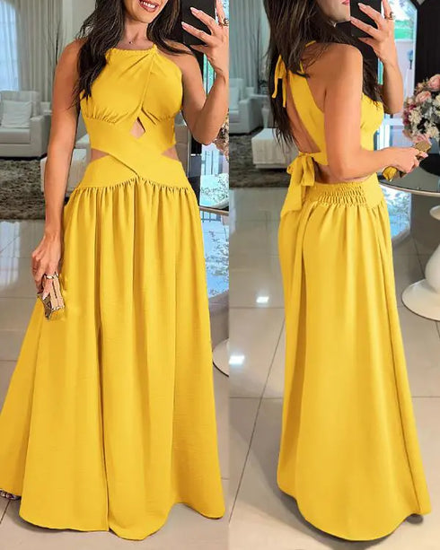 Halter Sleeveless Tied Detail Shirred Criss Cross Flared Dress Glamorous Evening Dress dark yellow