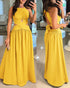 Halter Sleeveless Tied Detail Shirred Criss Cross Flared Dress Glamorous Evening Dress dark yellow