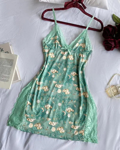 Graphic Print Lace Patch Bowknot Decor Sleep Dress green