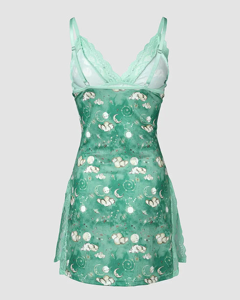 Graphic Print Lace Patch Bowknot Decor Sleep Dress green