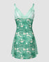 Graphic Print Lace Patch Bowknot Decor Sleep Dress green