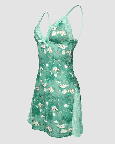 Graphic Print Lace Patch Bowknot Decor Sleep Dress green