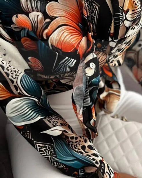 Floral Print Turn-down Collar Shirt Long Sleeve Blouse with Pocket Apricot