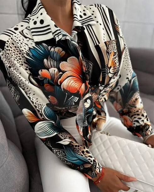 Floral Print Turn-down Collar Shirt Long Sleeve Blouse with Pocket Apricot