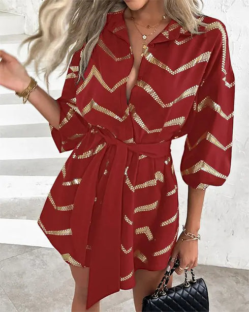 Bronzing Chevron Print Turn-down Collar Tied Detail Shirt Dress red