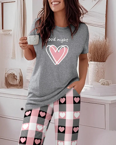 2 Pieces Outfit Floral Print Short Sleeve Top and Casual Plaid Heart Pattren Lounge Pants Set gray