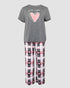 2 Pieces Outfit Letter Print & Leopard Heart Pattern Short Sleeve Top and Leopard Print Elastic Waist Pants Set Casual Pajamas Set gray