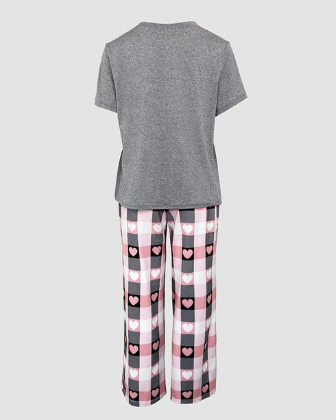 2 Pieces Outfit Letter print Round Neck Short Sleeve Top and Tie Dye Print Elastic Waist Loose Fit Pants Set Casual Pajamas Set gray