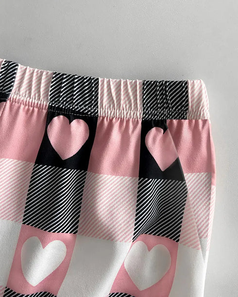 2 Pieces Outfit Floral Print Short Sleeve Top and Casual Plaid Heart Pattren Lounge Pants Set gray