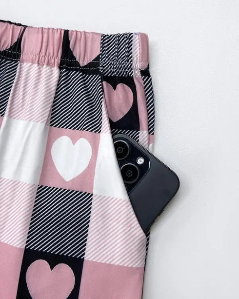 2 Pieces Outfit Floral Print Short Sleeve Top and Casual Plaid Heart Pattren Lounge Pants Set gray