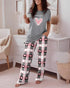 2 Pieces Outfit Coffee Skeleton Girl Print Short Sleeve Top and Tie Dye Print Elastic Waist Pants Set Casual Pajamas Set gray