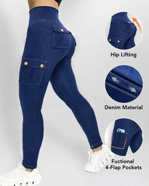 Butt Lifting Leggings with Flap Pockets High Waist Tummy Control Workout Cargo Pants blue