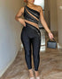 Rhinestone Decor One Shoulder Sheer Mesh Spliced Overalls Casual Zipper Side Slim Fit Party Jumpsuit black