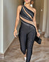 Rhinestone Decor One Shoulder Sheer Mesh Spliced Overalls Casual Zipper Side Slim Fit Party Jumpsuit black
