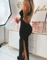 Metal Flower Decor Adjustable Spaghetti Straps Cutout Side Slit Party Dress Ruched Bodycon Dress black
