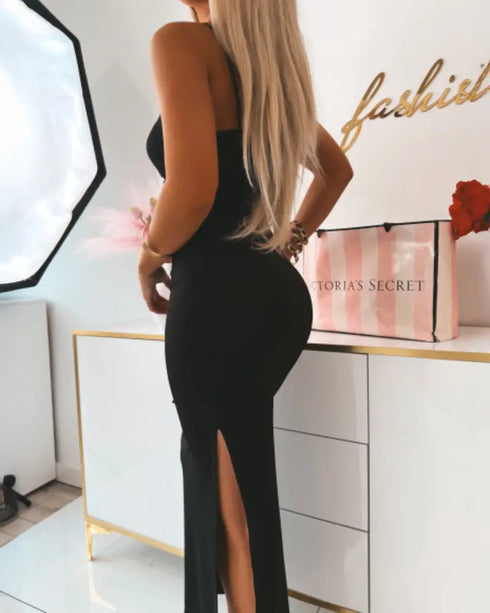 Metal Flower Decor Adjustable Spaghetti Straps Cutout Side Slit Party Dress Ruched Bodycon Dress black