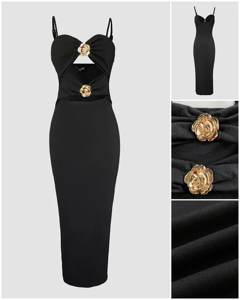 Metal Flower Decor Adjustable Spaghetti Straps Cutout Side Slit Party Dress Ruched Bodycon Dress black