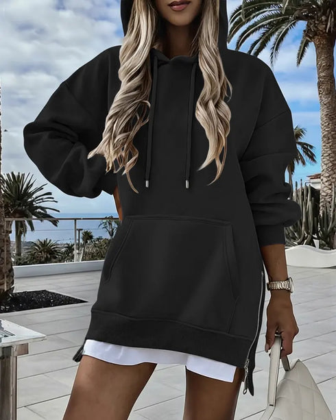 Letter Patch Detail Long Sleeve Drop Shoulder Pullover Sweatshirt Casual Zipper Side Slit Top black
