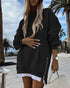 Long Sleeve Pocket Design Pullover Sweatshirt Casual Faux Two Piece Longline Drawstring Hooded Top black