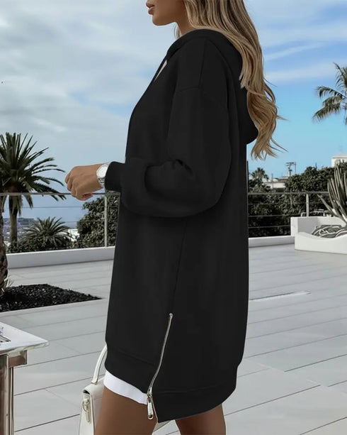 Long Sleeve Pocket Design Pullover Sweatshirt Casual Faux Two Piece Longline Drawstring Hooded Top black