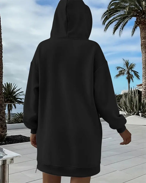 Long Sleeve Pocket Design Pullover Sweatshirt Casual Faux Two Piece Longline Drawstring Hooded Top black