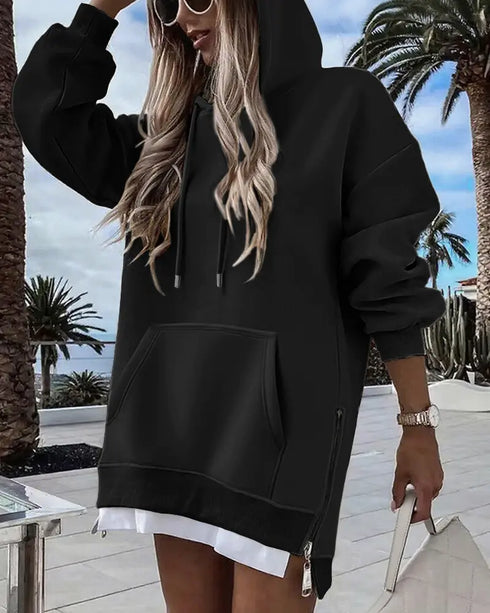 Letter Patch Detail Long Sleeve Drop Shoulder Pullover Sweatshirt Casual Zipper Side Slit Top black