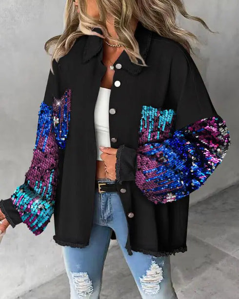 Contrast Sequin Turn-down Collar Long Sleeve Tassel Design Fuzzy Shacket with Pocket black