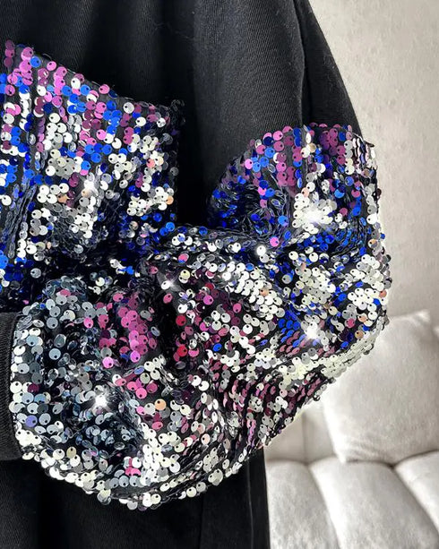 Sequin Decor Turn-down Collar Button Front Pockets Design Denim Coat Casual Fuzzy Spliced Raw Trim Shacket black