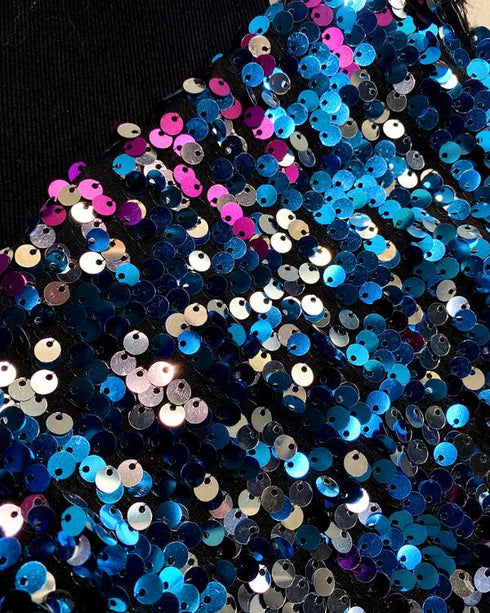 Casual Jacket Sequin Patchwork Long Sleeve Jacket Top Button Front Raw Hem Oversized Denim Shacket black