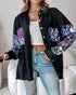 Casual Jacket Sequin Patchwork Long Sleeve Jacket Top Button Front Raw Hem Oversized Denim Shacket black