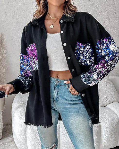 Contrast Sequin Turn-down Collar Long Sleeve Tassel Design Fuzzy Shacket with Pocket black