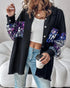 Sequin Decor Turn-down Collar Button Front Pockets Design Denim Coat Casual Fuzzy Spliced Raw Trim Shacket black