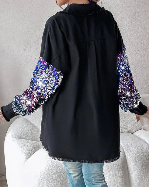 Sequin Decor Turn-down Collar Button Front Pockets Design Denim Coat Casual Fuzzy Spliced Raw Trim Shacket black